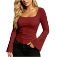thumbnail image 1 of CHGBMOK Women's Flared Long Sleeve Shirts Square Neck Blouse Fall Outfits Ribbed Slim Fit Work Tops, 1 of 7