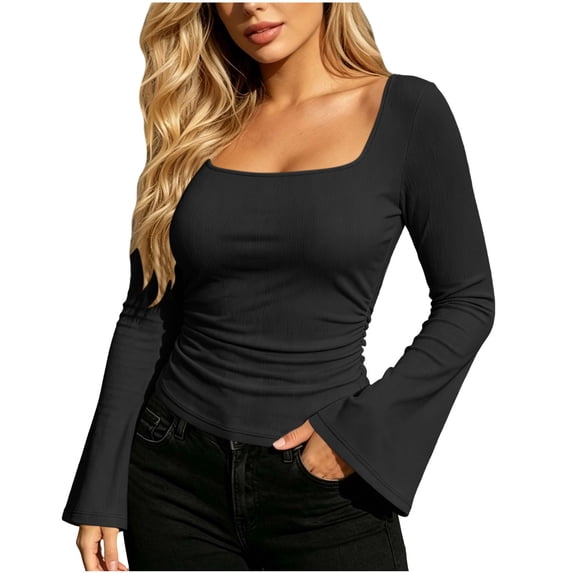 CHGBMOK Women's Flared Long Sleeve Shirts Square Neck Blouse Fall Outfits Ribbed Slim Fit Work Tops