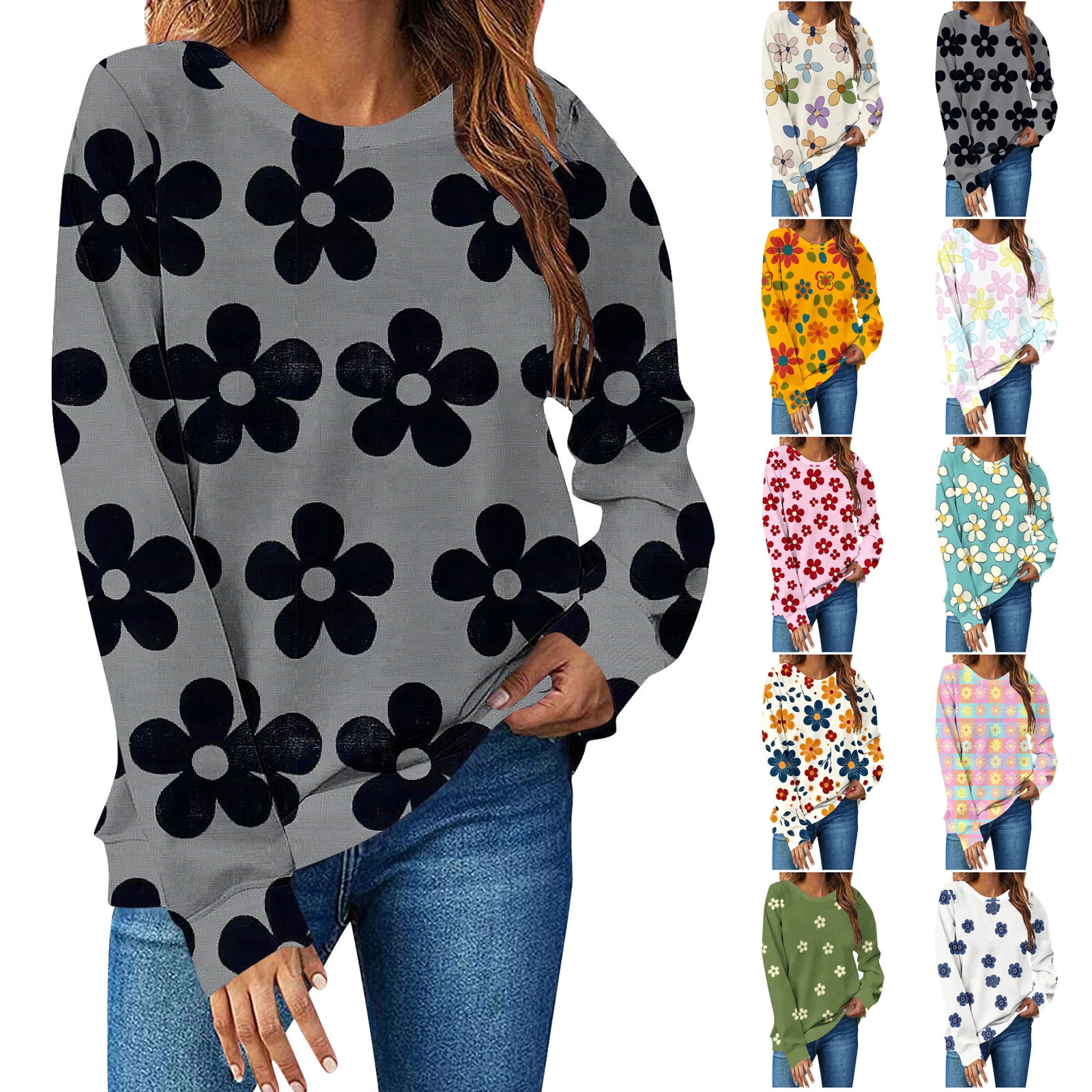Women's Floral Printed Sweatshirts Long Sleeve Crew Neck Pullover Tops Casaul Loose Fit Shirts Fall Clothes Black XL