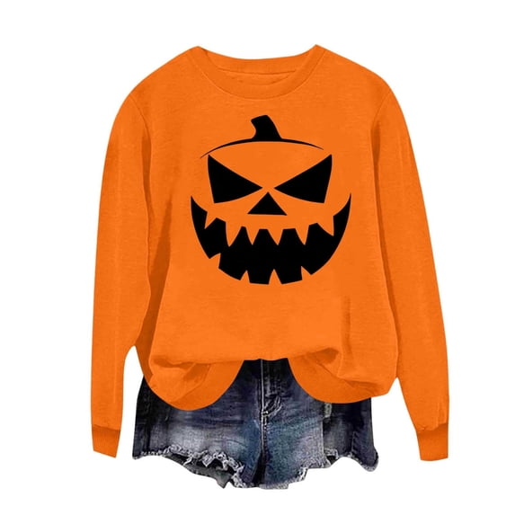 CHGBMOK Women's Halloween Crew Neck Sweatshirt Loose Long Sleeve Pullover with Jack-O-Lantern Pumpkin Graphic Fall Casual Tops