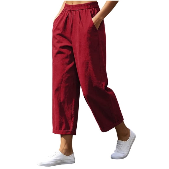 CHGBMOK Women's Linen Pants Casual Elastic Waist Cotton Wide Leg Pants with Pockets Trendy Lightweight Workout Trousers