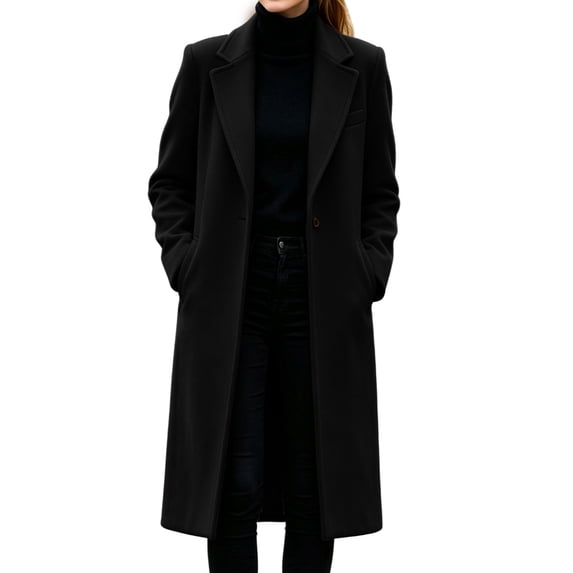 CHGBMOK Women's Long Coat Notched Lapel Single Button Casual Overcoat Warm Long Sleeve Fall Winter Outerwear Jacket with Pockets