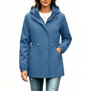 CHGBMOK Women's Long Hooded Rain Jackets Full Zip Adjustable Waist Parka Waterproof Hiking Flap Pockets Snap Placket Jacket