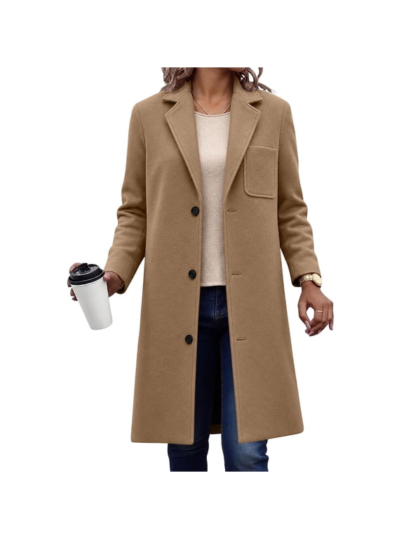 Women's Mid Long Coat Notched Lapel Single Breasted Casual Loose Long Sleeve Overcoat Warm Fall Winter Outerwear Jacket with Pocket