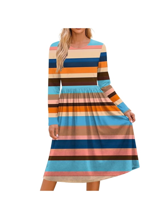 Women's Midi Dress Long Sleeve Loose Fit Dresses Casual Crew Neck Print Dresses