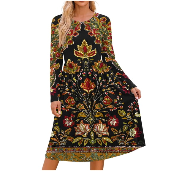 CHGBMOK Women's Midi Dress Long Sleeve Loose Fit Dresses Casual Crew Neck Print Dresses