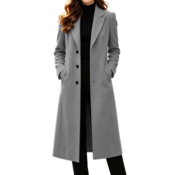 CHGBMOK Women's Notched Lapel Long Coat Single Breasted Casual Warm Overcoat Solid Color Winter Jacket with Side Pockets