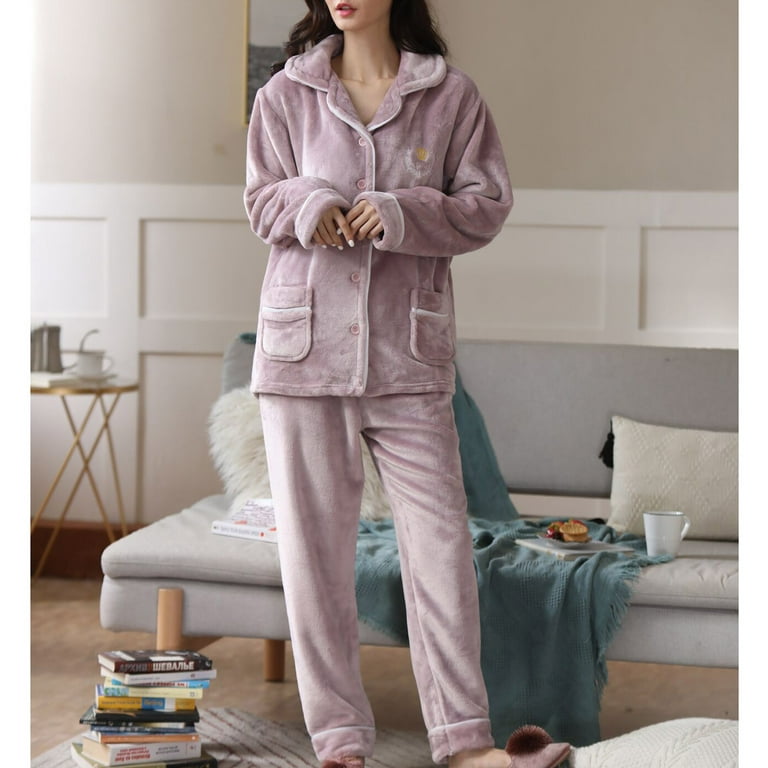 CHGBMOK Women' s Pajamas Set Flannel Long Sleeve Button Down Shirts And  Pants 2 Pieces Loose Plush Warm Sleepwear Suit with Pockets