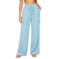 thumbnail image 1 of CHGBMOK Women's Pants High Waist Drawstring Wide Leg Pants Loose Casual Trousers with Side Pockets Solid Daily Versatile, 1 of 6