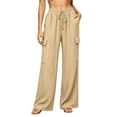 thumbnail image 1 of CHGBMOK Women's Pants High Waist Drawstring Wide Leg Pants Loose Casual Trousers with Side Pockets Solid Daily Versatile, 1 of 6