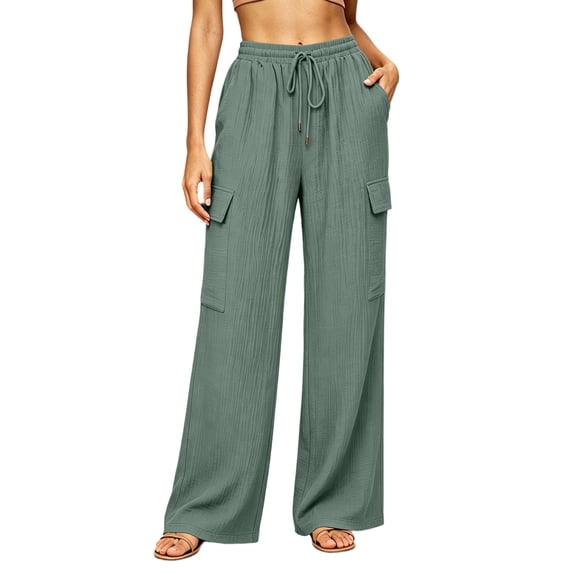 CHGBMOK Women's Pants High Waist Drawstring Wide Leg Pants Loose Casual Trousers with Side Pockets Solid Daily Versatile