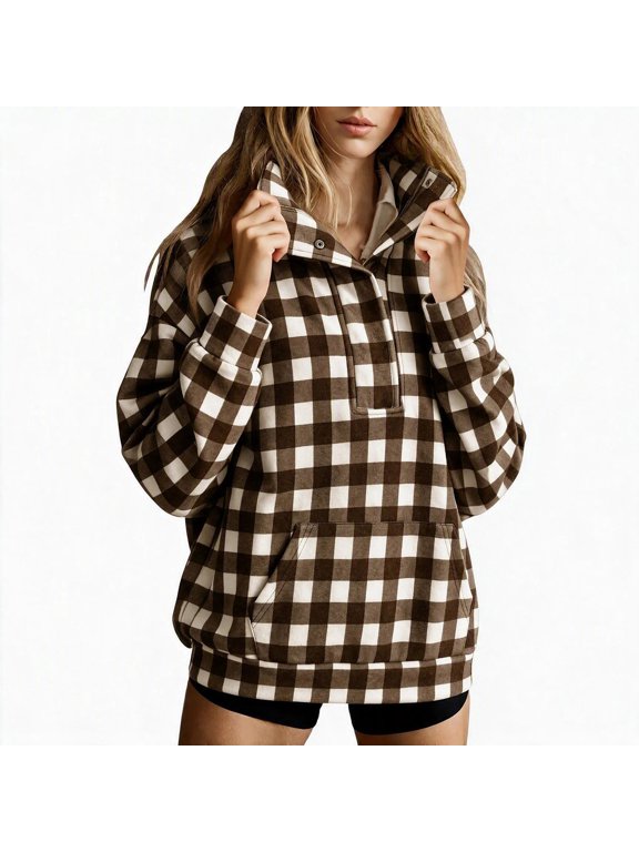 Women's Plaid Pullover Half Snap Stand Collar Long Sleeve Sweatshirt Casual Loose Fit Tops with Pocket