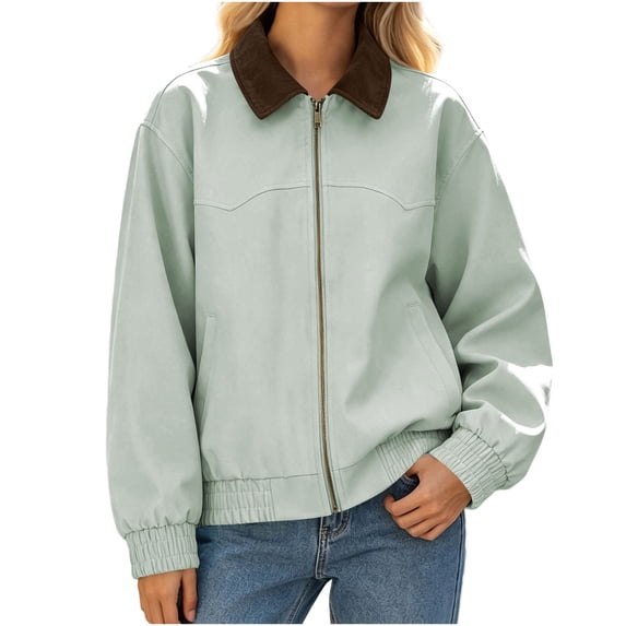 CHGBMOK Women's Plus Size Collared Bomber Jacket Casual Zip Up Long Sleeve Windbreaker Coat Elastic Cuffs Hem Outerwear with Pockets