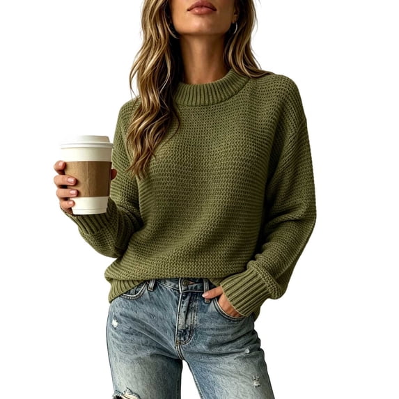 CHGBMOK Women's Plus Size Crew Neck Knit Sweater Long Sleeve Drop Shoulder Pullover Lightweight Solid Color Casual Tops