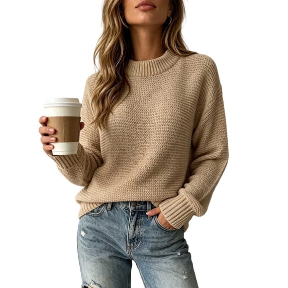 CHGBMOK Women's Plus Size Crew Neck Knit Sweater Long Sleeve Drop Shoulder Pullover Lightweight Solid Color Casual Tops