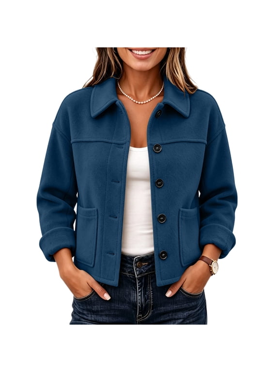 Women's Plus Size Cropped Shacket Jacket Lapel Button Down Short Coat Long Sleeve Casual Loose Fit Outerwear with Pockets