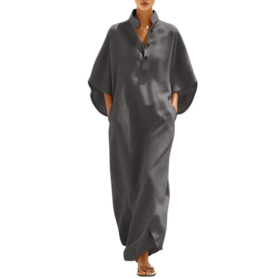 CHGBMOK Women's Plus Size Dress 3/4 Sleeve Summer Linen Maxi Dress Stand Collar Loose Fit Dresses with Pockets