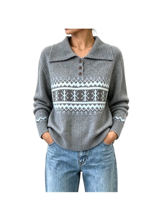 Women's Plus Size Fair Isle Knit Sweater Lapel Button Henley Vintage Nordic Snowflake Jacquard Pullover Long Sleeve Relaxed Knit Jumper