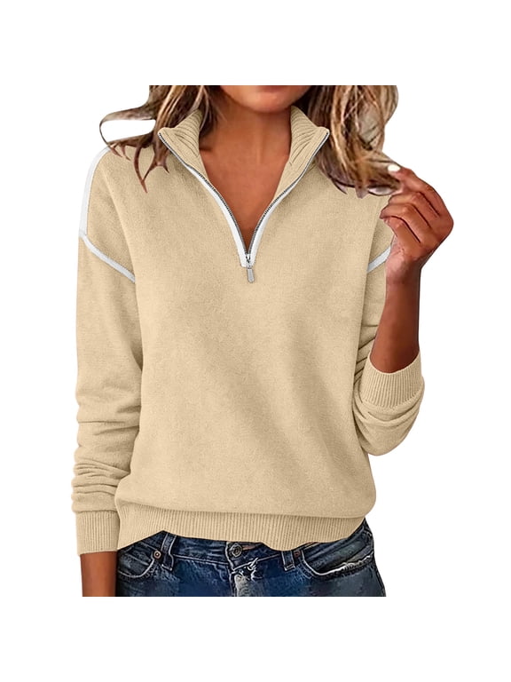 Women's Plus Size Fall Sweater Quarter Zip Ribbed Collar Knit Pullover Contrast Shoulder Stripe Long Sleeve Tops