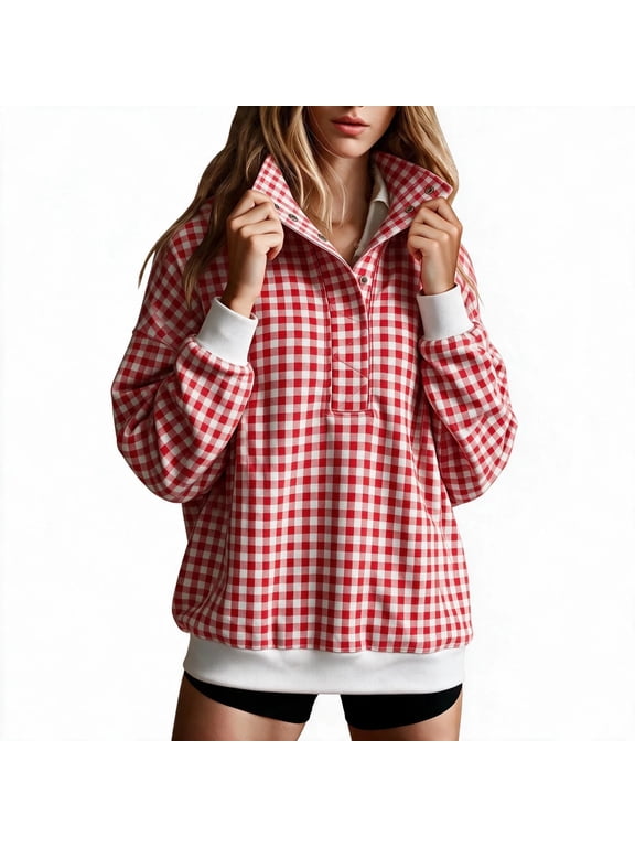 Women's Plus Size Gingham Plaid Sweatshirt Half Snap Long Sleeve Stand Collar Pullover Top Casual Checkered Sweatshirts