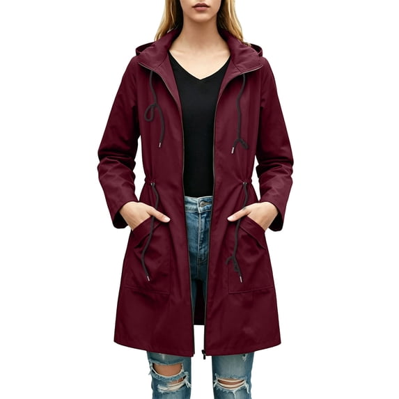 CHGBMOK Women's Plus Size Long Rain Jacket Zip Up Adjustable Waist Hooded Jackets Waterproof Windbreaker Coat with Pockets