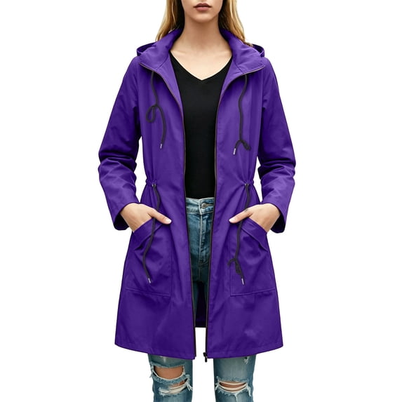 CHGBMOK Women's Plus Size Long Rain Jacket Zip Up Adjustable Waist Hooded Jackets Waterproof Windbreaker Coat with Pockets