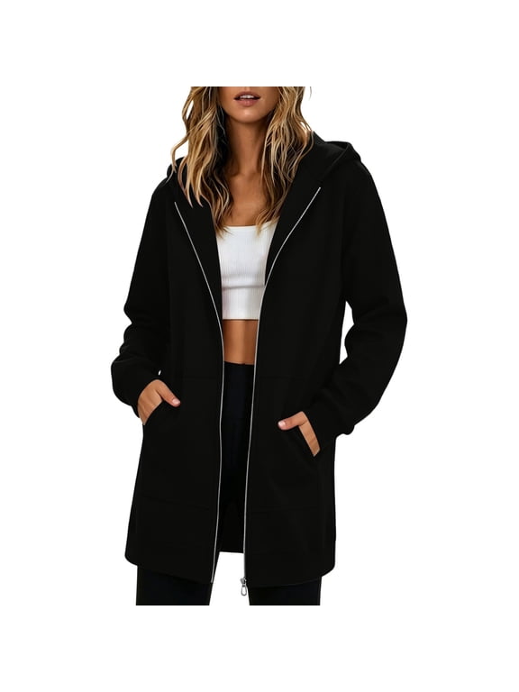 Women's Plus Size Mid-Length Hoodie Relaxed Long Sleeve Zip Up Jacket with Pockets Open Front Casual Sweatshirts