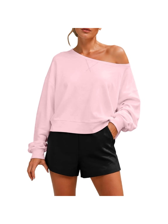 Women's Plus Size Off Shoulder Cropped Sweatshirts Boat Neck Long Sleeve Pullover Tops Loose Fit Casual Solid Shirts