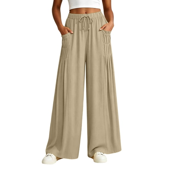 CHGBMOK Women's Plus Size Palazzo Pants Elastic High Waist Drawstring Wide Leg Pants Flowy Floor-Length Trousers with Pockets Loose Casual Pants