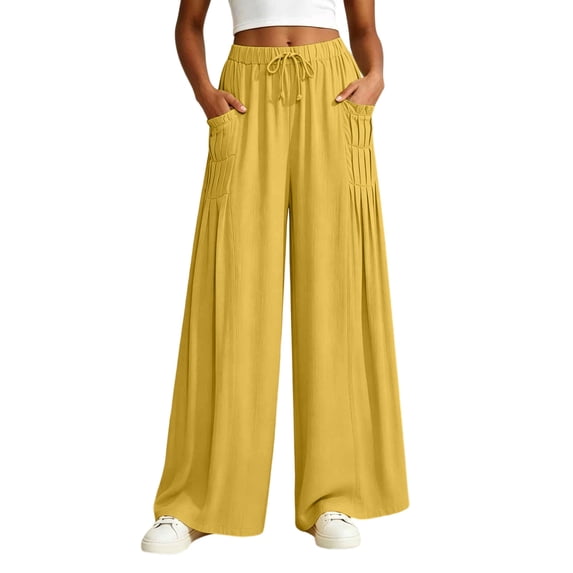 CHGBMOK Women's Plus Size Palazzo Pants Elastic High Waist Drawstring Wide Leg Pants Flowy Floor-Length Trousers with Pockets Loose Casual Pants