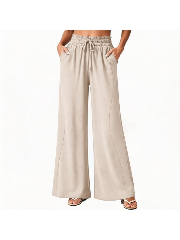 Women's Plus Size Palazzo Pants Ruffled Elastic High Waist Drawstring Trousers Casual Loose Wide Leg Pants with Pockets