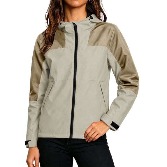 CHGBMOK Women's Plus Size Rain Jacket Windproof Color Block Long Sleeve Jackets Workout Hiking Zip Up Waterproof Hooded Coat