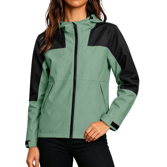 CHGBMOK Women's Plus Size Rain Jacket Windproof Color Block Long Sleeve Jackets Workout Hiking Zip Up Waterproof Hooded Coat