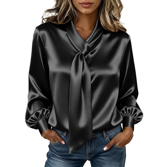 CHGBMOK Women's Plus Size Satin Blouse Long Sleeve Bow Tie Neck Work Shirts Loose Fit Casual Tops