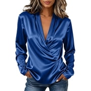 CHGBMOK Womens Plus Size Satin Blouses Criss Cross Neck Long Sleeve Shirts V Neck Formal Tops Draped Casual Loose Fit Tops