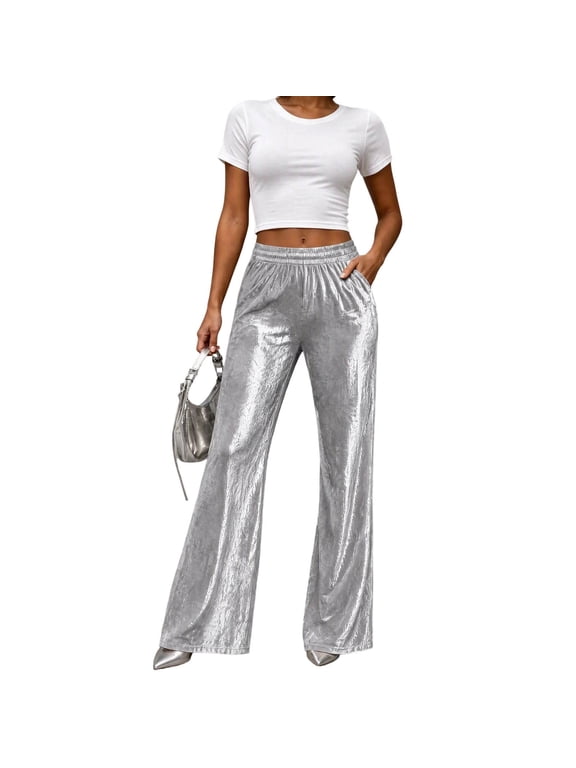 Women's Plus Size Shiny Flared Pants Elastic High Waist Wide Leg Bell Trousers Glitter Stretch Party Pants