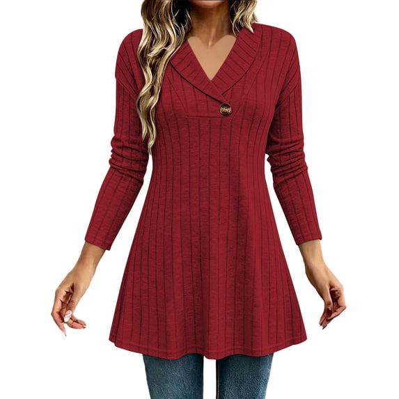 CHGBMOK Women's Plus Size Sweaters Fall Long Sleeve Ribbed Knit Tunic Tops Lightweight V Neck Pullover Shirts