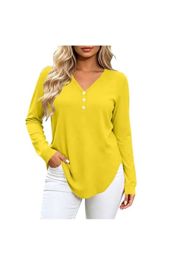 Women's Plus Size Tops Curved Hem Tunics Button Trim V Neck Shirts for Leggings Fall Winter Long Sleeve Blouse