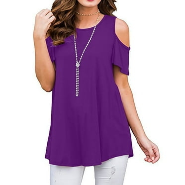 CHGBMOK Women's Plus Size Tunic Cold Shoulder Crewneck Tops Summer Swing Ruffle Sleeve T Shirts