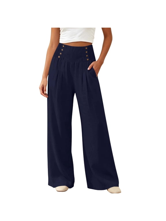 Women's Plus Size Wide Leg Pants Smocked Elastic High Waist Casual Palazzo Trousers Button Decor Loose Flowy Long Pants with Pockets