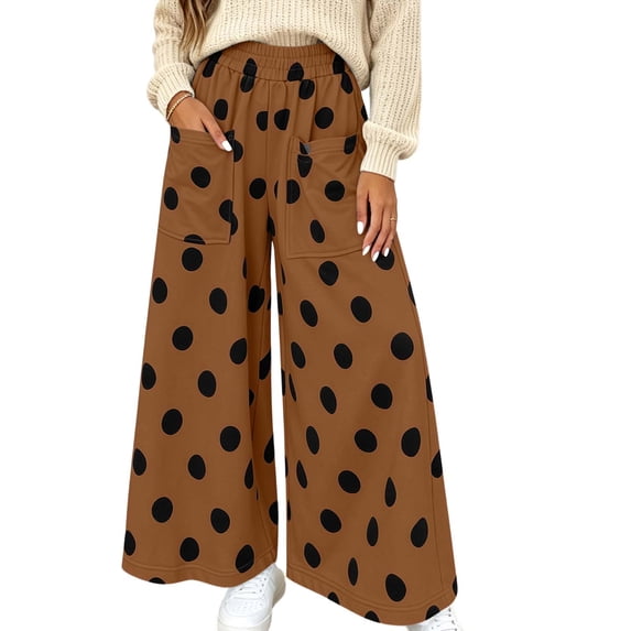 CHGBMOK Women's Polka Dot Wide Leg Pants Elastic High Waist Loose Casual Trousers Pull On Flowy Palazzo Pants with Pockets