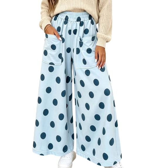 CHGBMOK Women's Polka Dot Wide Leg Pants Elastic High Waist Loose Casual Trousers Pull On Flowy Palazzo Pants with Pockets