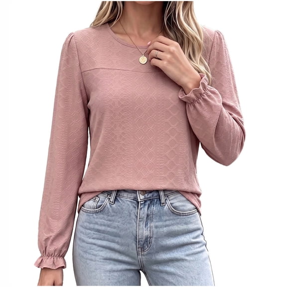 CHGBMOK Women's Round Neck Blouse Flounce Sleeve T-Shirt Premium Casual Everyday Loose Fit Top Versatile Apparel