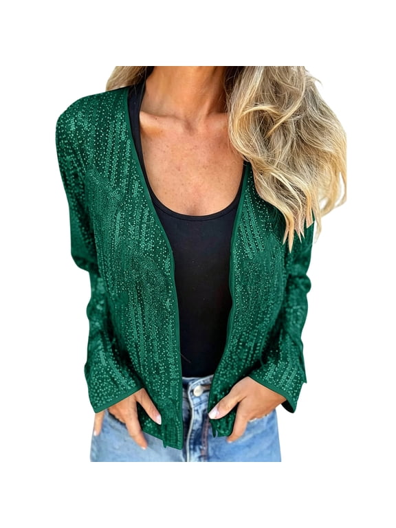 Women's Sequin Open Front Cardigan Long Sleeve V Neck Glitter Cropped Jacket Lightweight Sparkly Evening Shrug Coat Casual Party Outerwear