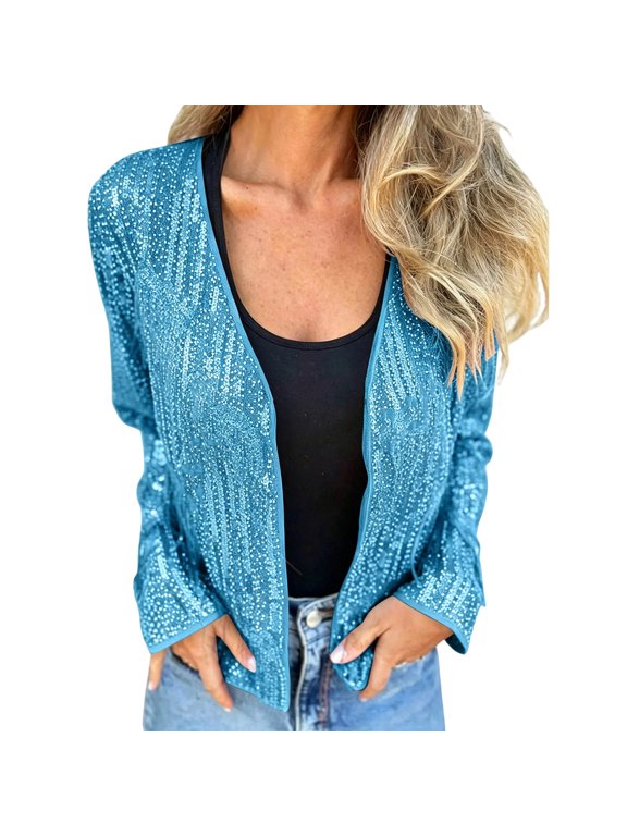 Women's Sequin Open Front Cardigan Long Sleeve V Neck Glitter Cropped Jacket Lightweight Sparkly Evening Shrug Coat Casual Party Outerwear