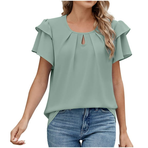 CHGBMOK Womens Tops Dressy Casual Business Work Blouses Short Ruffle Sleeve V Neck Cute Summer Shirts Trendy Outfits