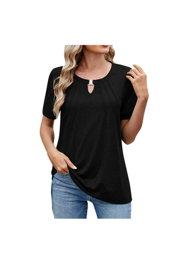 Womens Summer Tops Dressy Casual V Neck Keyhole T Shirts Puff Short Sleeve Blouses