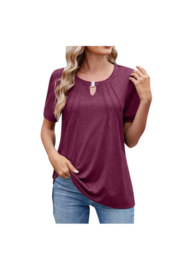 Womens Summer Tops Dressy Casual V Neck Keyhole T Shirts Puff Short Sleeve Blouses