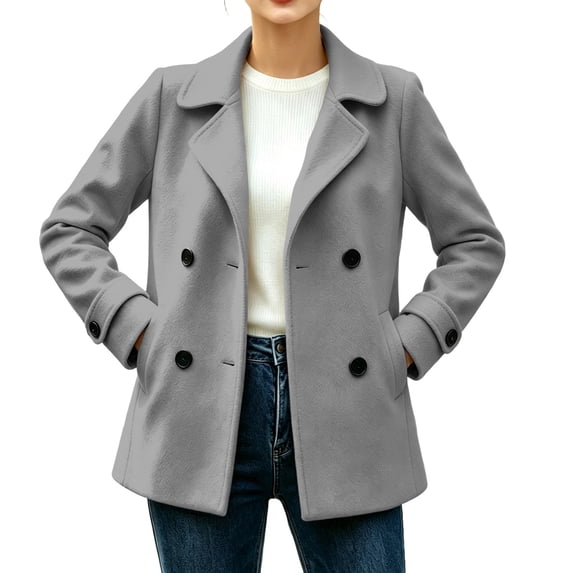 CHGBMOK Women's Short Coat Notched Lapel Double Breasted Long Sleeve Jacket Casual Warm Fall Winter Outerwear with Side Pockets