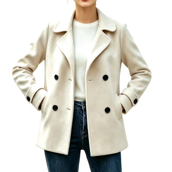 CHGBMOK Women's Short Coat Notched Lapel Double Breasted Long Sleeve Jacket Casual Warm Fall Winter Outerwear with Side Pockets